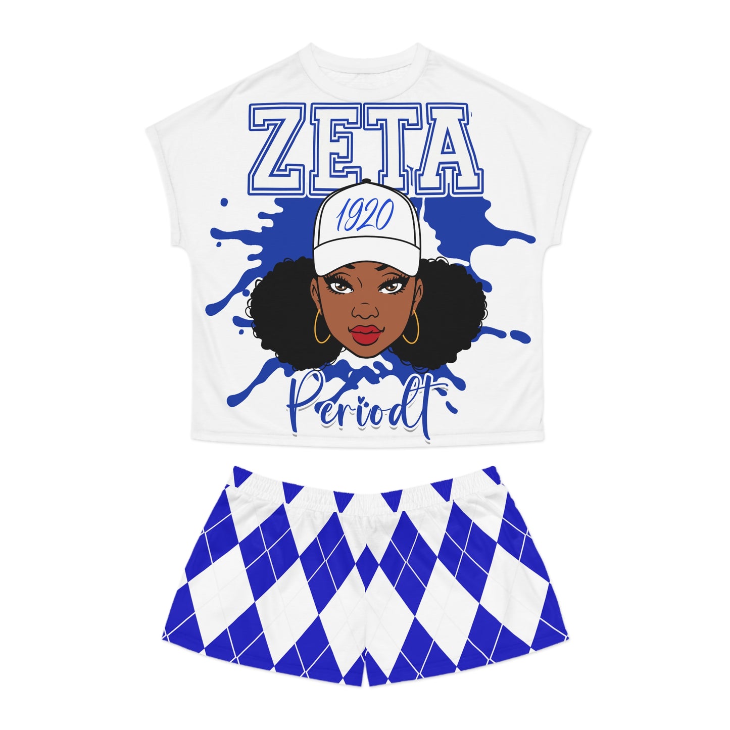 Zeta Sorority Women's Short Pajama Set - Argyle Blue and White Lounge Wear | Comfortable Sleepwear for Sorority Sisters