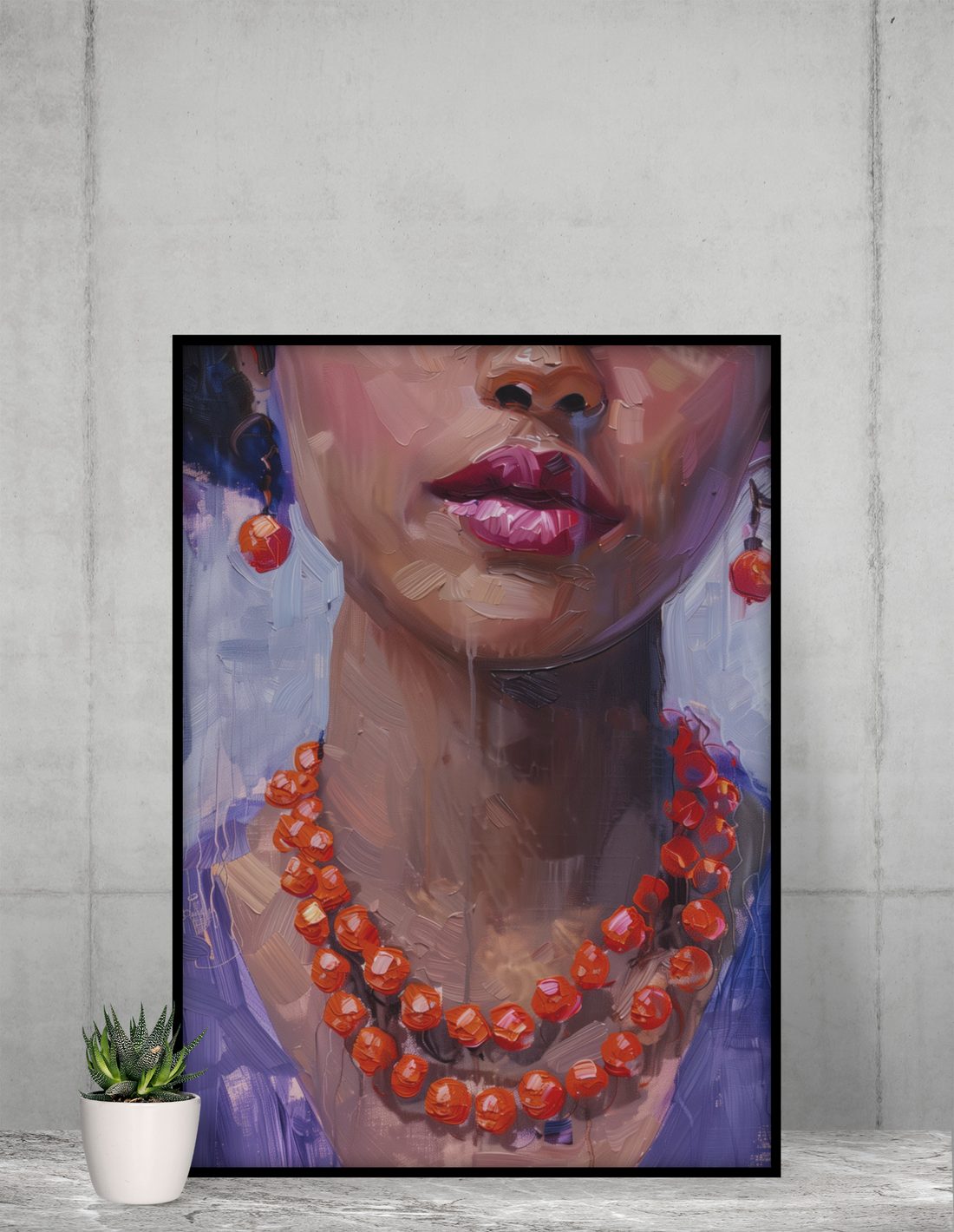 Ruby Whisper wall art featuring an elegant Black woman portrait with red beaded jewelry and painterly details in a framed display