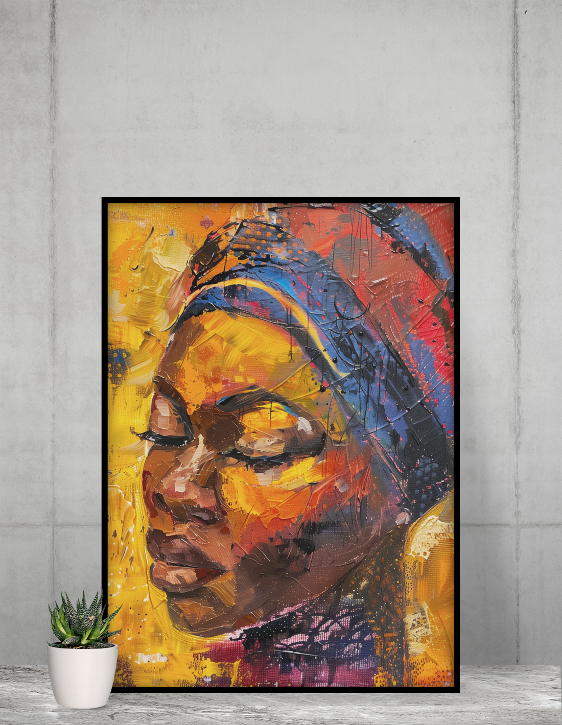 Golden Silence abstract Black woman wall art featuring warm gold tones and a soulful portrait in a framed display