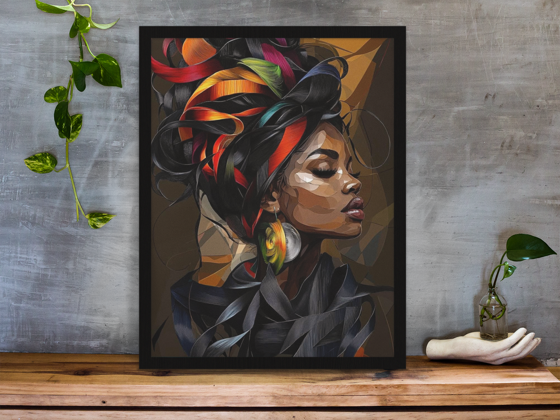 Abstract portrait artwork titled Crowned in Color featuring a Black woman with flowing multicolor ribbon-like hair and a regal profile