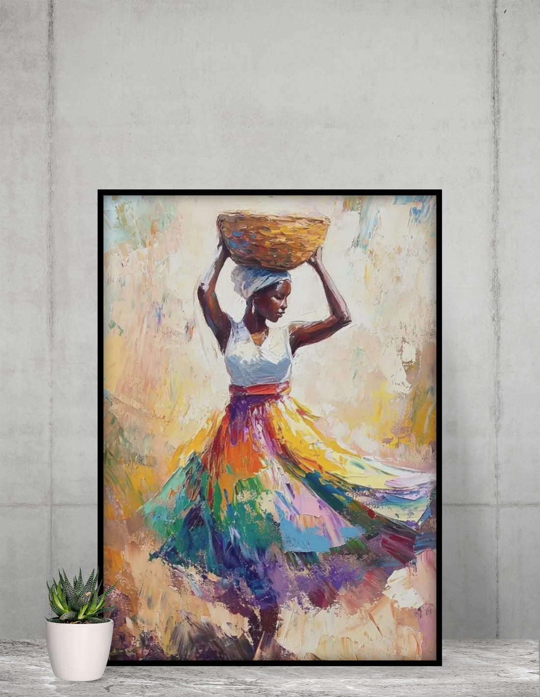 Framed Carried With Grace wall art featuring a graceful woman in a flowing multicolor dress balancing a basket above her head