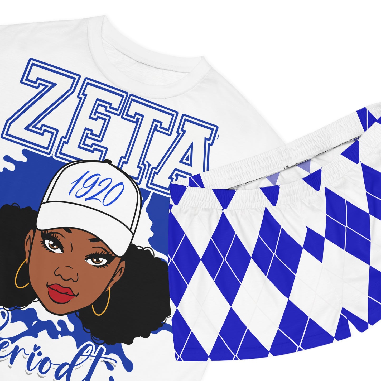 Zeta Sorority Women's Short Pajama Set - Argyle Blue and White Lounge Wear | Comfortable Sleepwear for Sorority Sisters