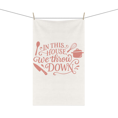 "We Throw Down" Kitchen Tea Towels, Fun Home Decor, Gift for Chefs, Housewarming Present, Cooking Enthusiast, Kitchen Humor