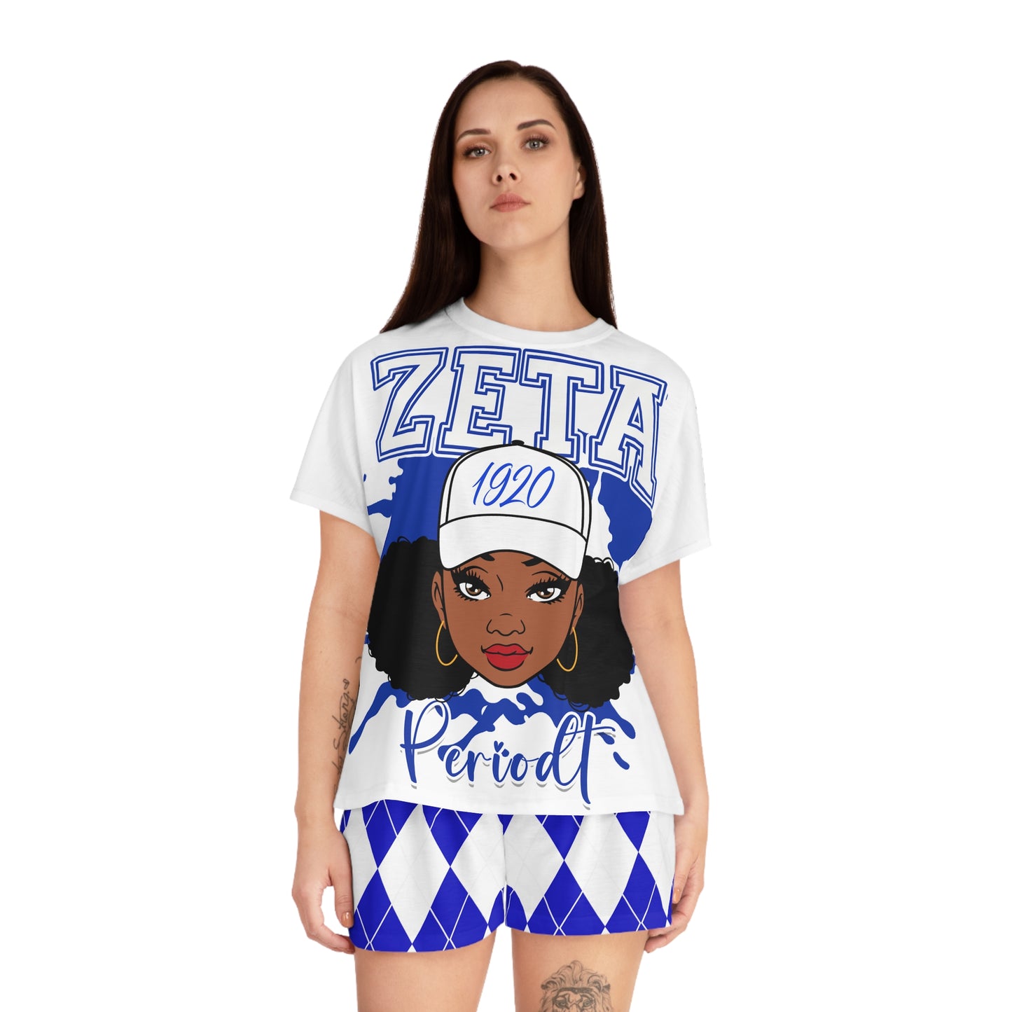 Zeta Sorority Women's Short Pajama Set - Argyle Blue and White Lounge Wear | Comfortable Sleepwear for Sorority Sisters