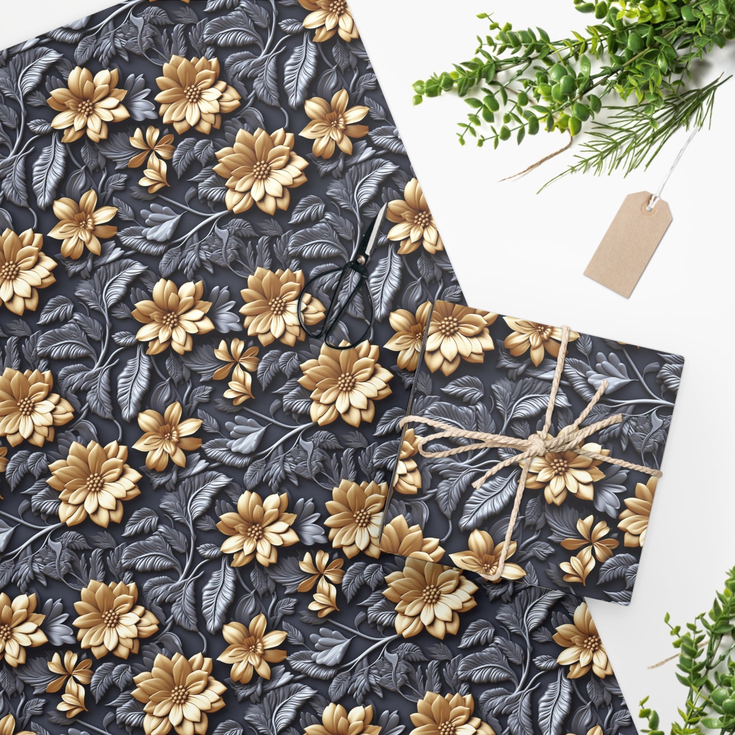 Charcoal and Gold Flower Wrapping Paper