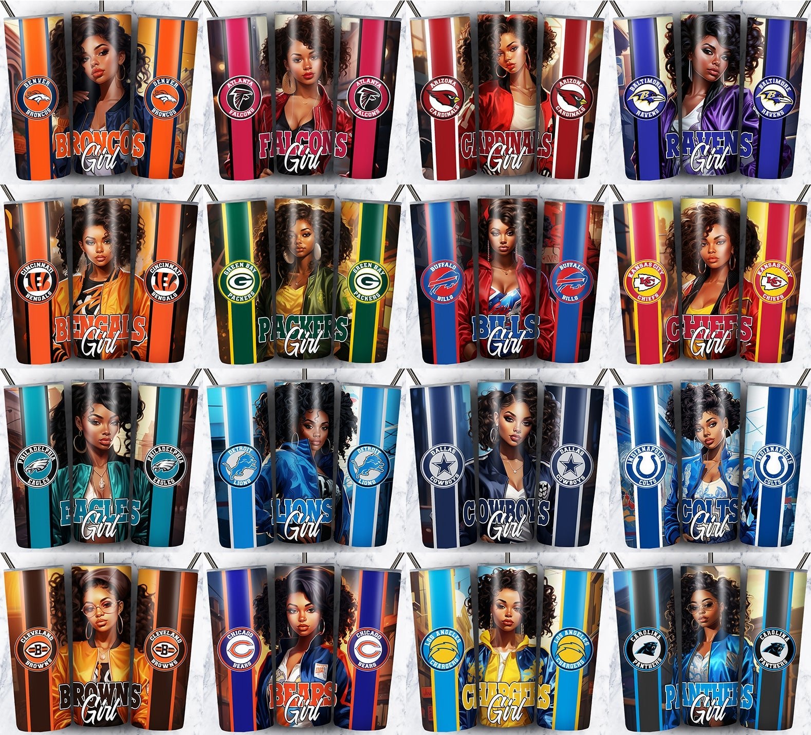 32 NFL Black Girl Tumbler Pack - Instant Download - Art by the Andersons