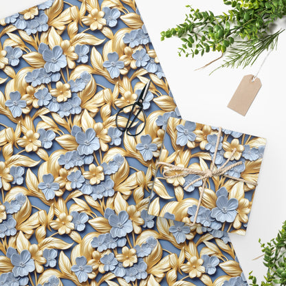 Gold and Blue Flowers Wrapping Paper