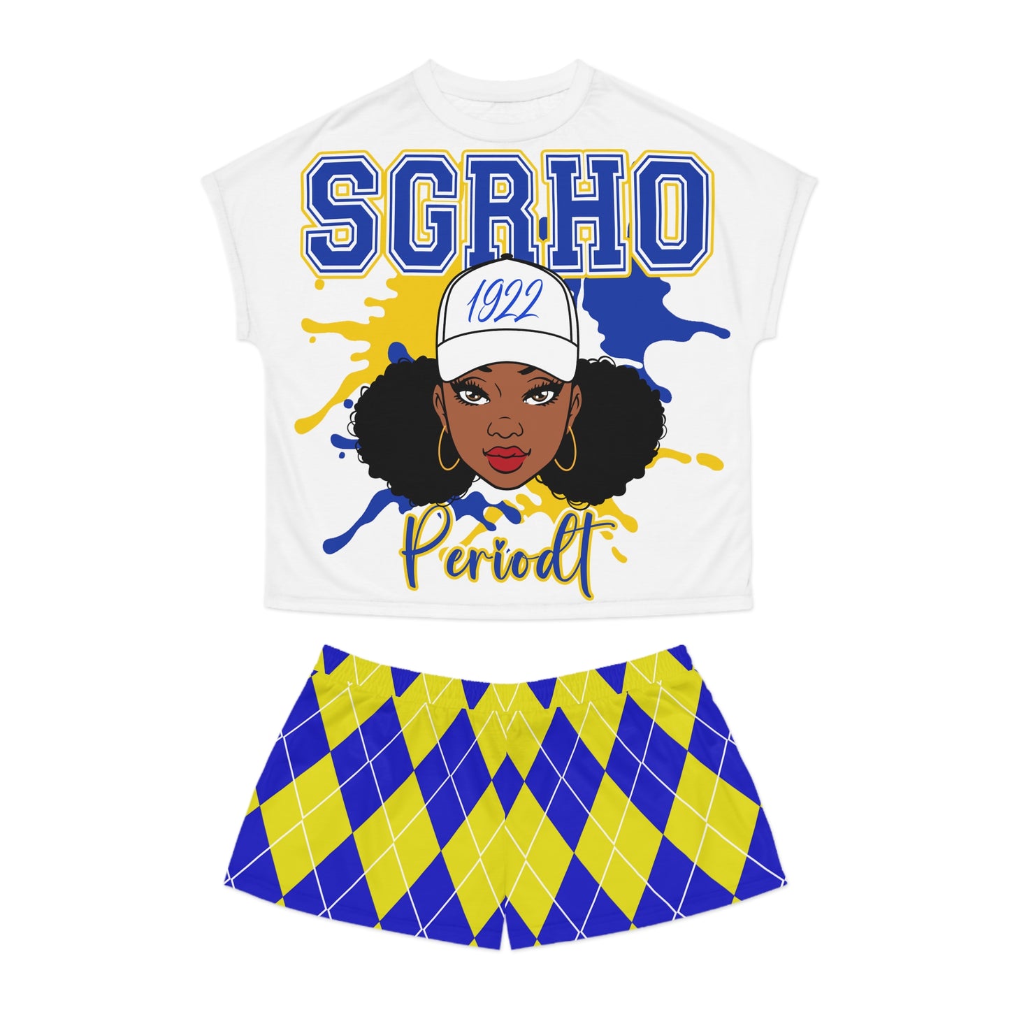 Pretty Poodles Sorority Women's Short Pajama Set - Argyle Royal Blue and Yellow Lounge Wear | Comfortable Sleepwear for Sorority Sisters