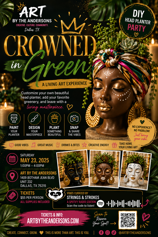 Promotional flyer for a living art experience event titled 'Crowned in Green' with a woman's headpiece and greenery.