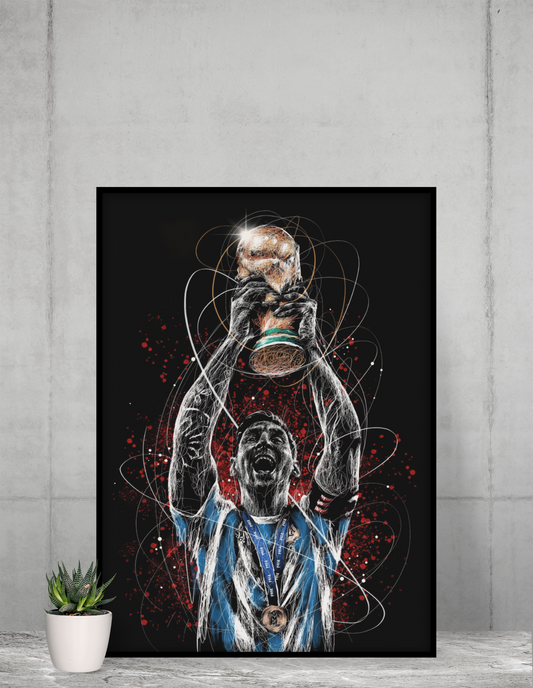 Immortal Lift soccer statement art featuring a championship player raising a trophy with expressive white linework on a black background
