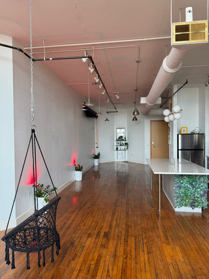 Modern interior with wooden floor, hanging black chair, and white walls.