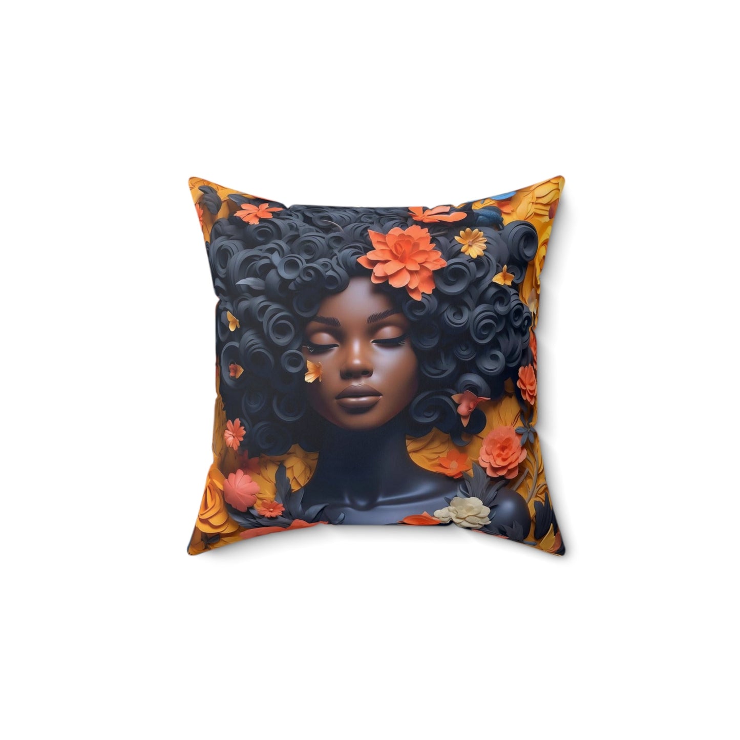 Black Woman in Multi - Colored Floral Pattern Spun Polyester Square Pillow - Art by the Andersons