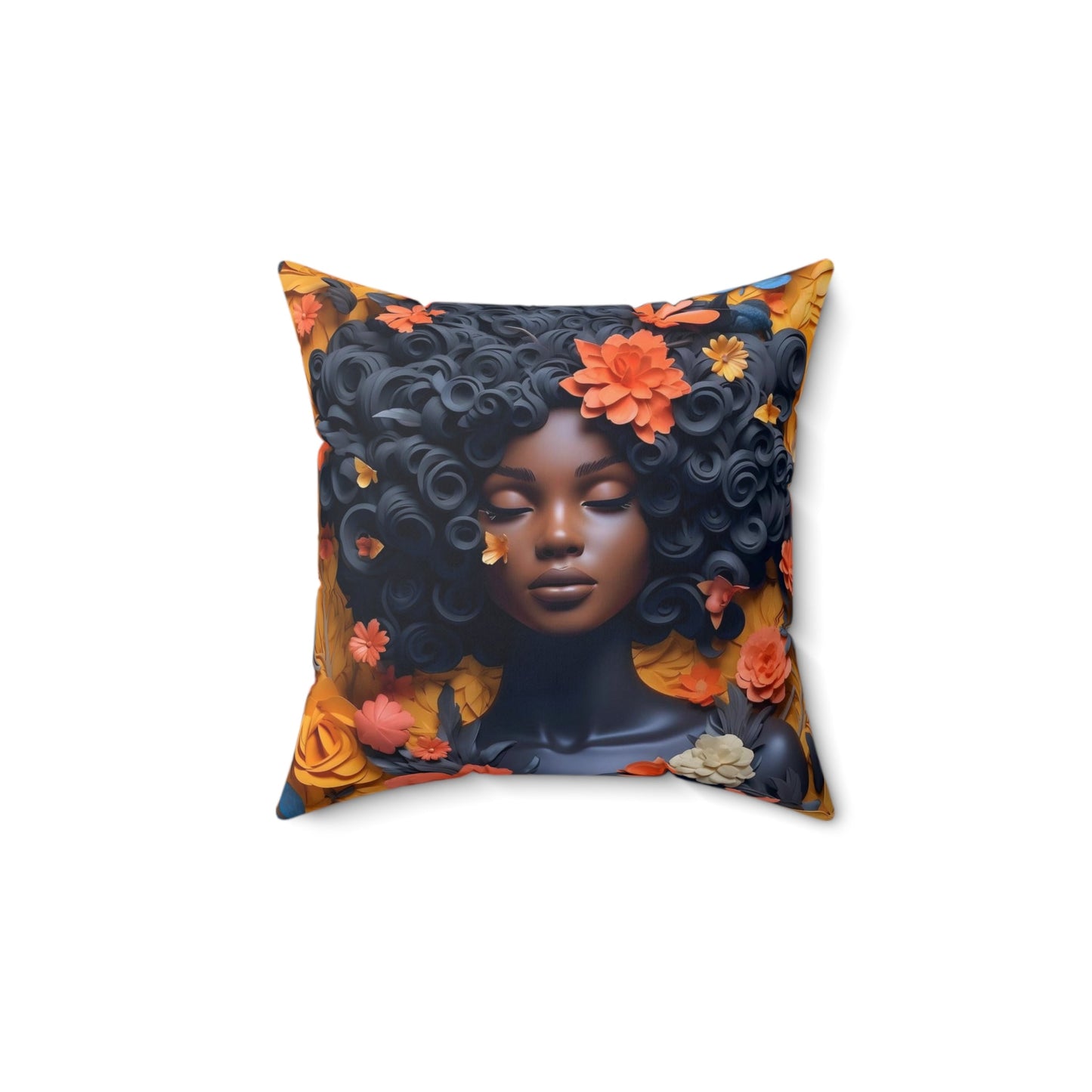 Black Woman in Multi - Colored Floral Pattern Spun Polyester Square Pillow - Art by the Andersons