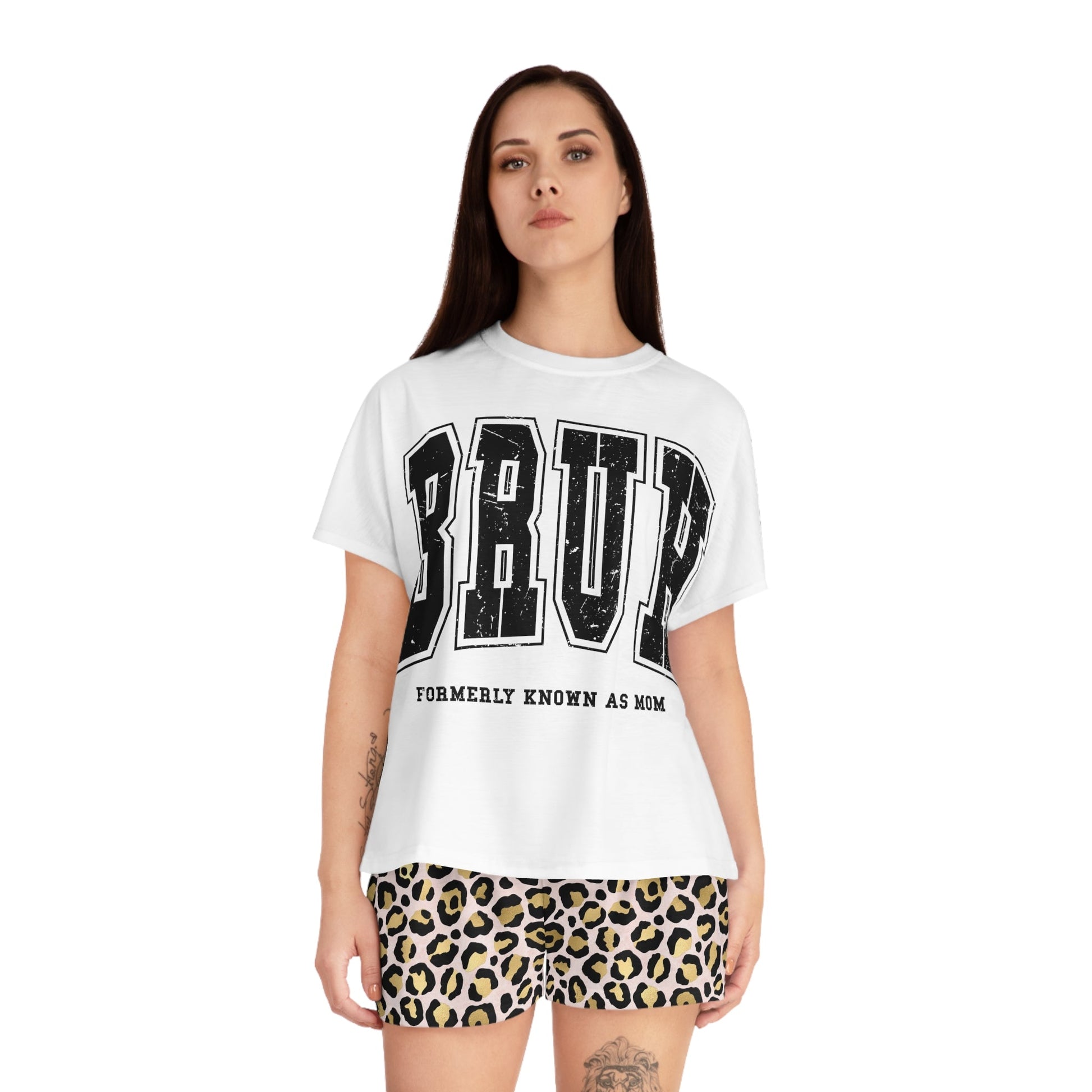 BRUH Formally Known as Mom Women's Short Pajama Set - Cheetah Print Lounge Wear | Comfortable Sleepwear - Art by the Andersons