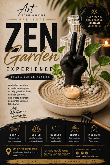 Promotional flyer for a Zen Garden Experience with a hand, candle, and plants.