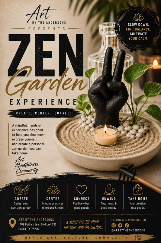 Promotional flyer for a Zen Garden Experience with a hand, candle, and plants.